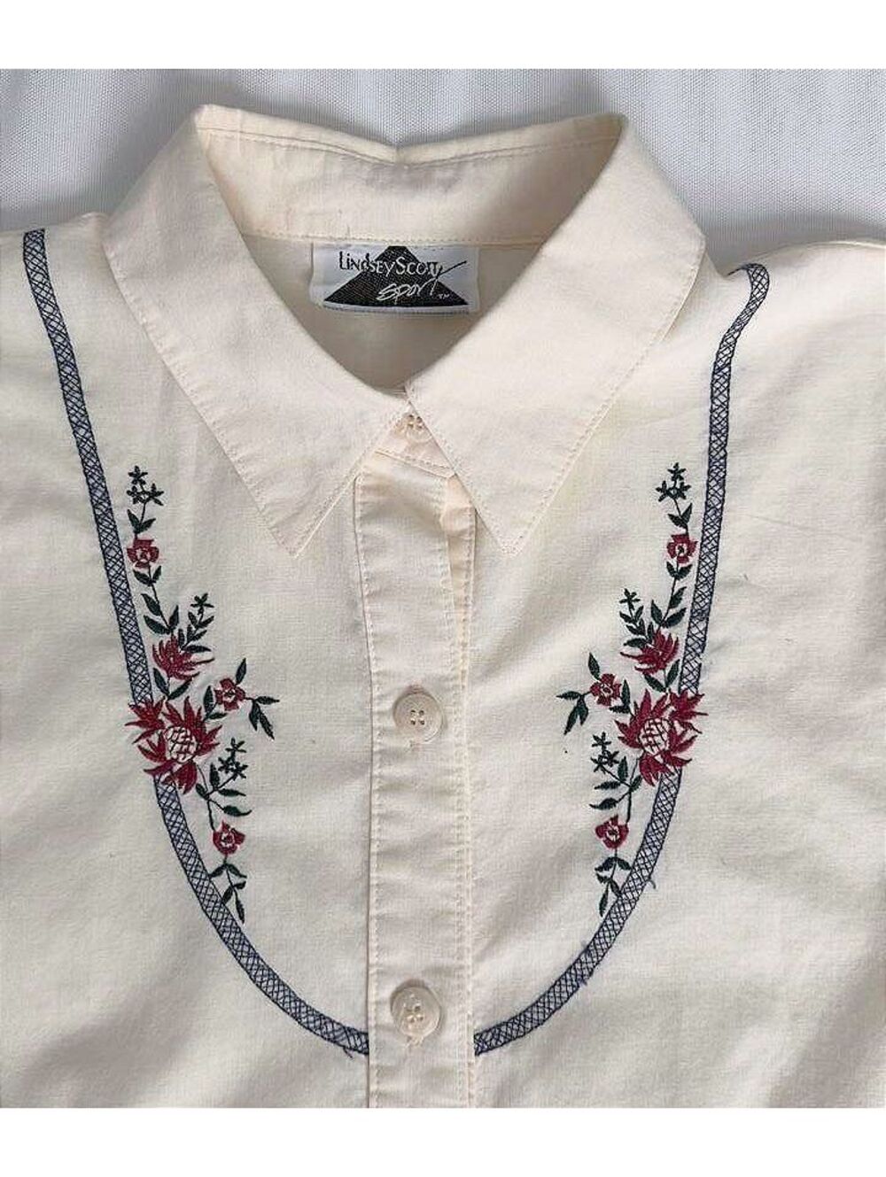 Vintage 80s 90s M Lindsey Scott Sport Cotton Embroidered Floral Shirt Blouse